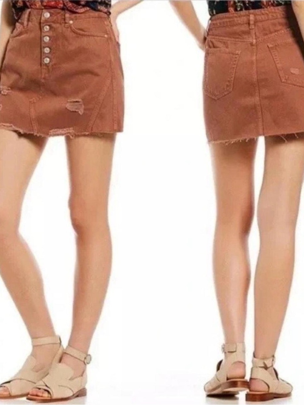 We The Free Distressed Denim Mini Skirt In Rust